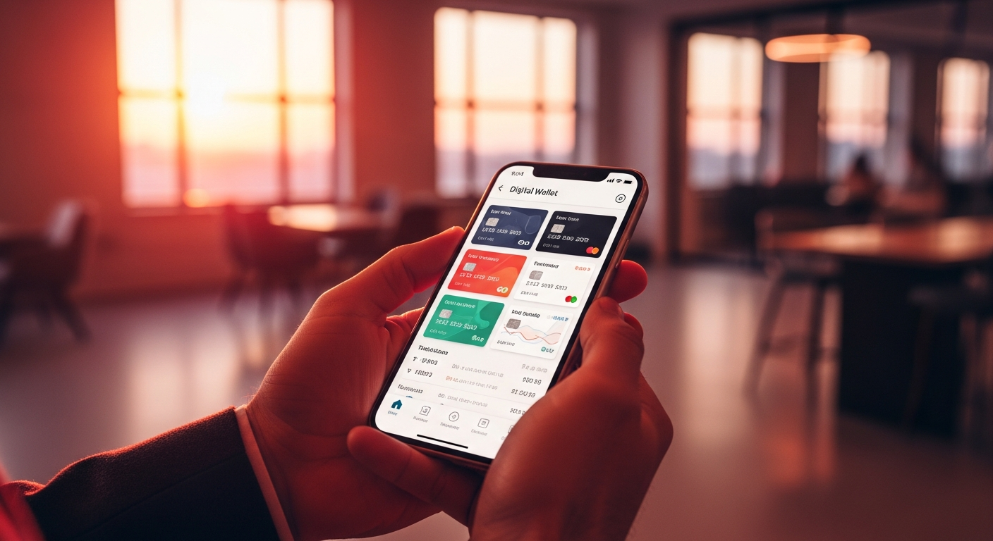 Credit union member using a digital wallet on smartphone for contactless payment in a modern setting