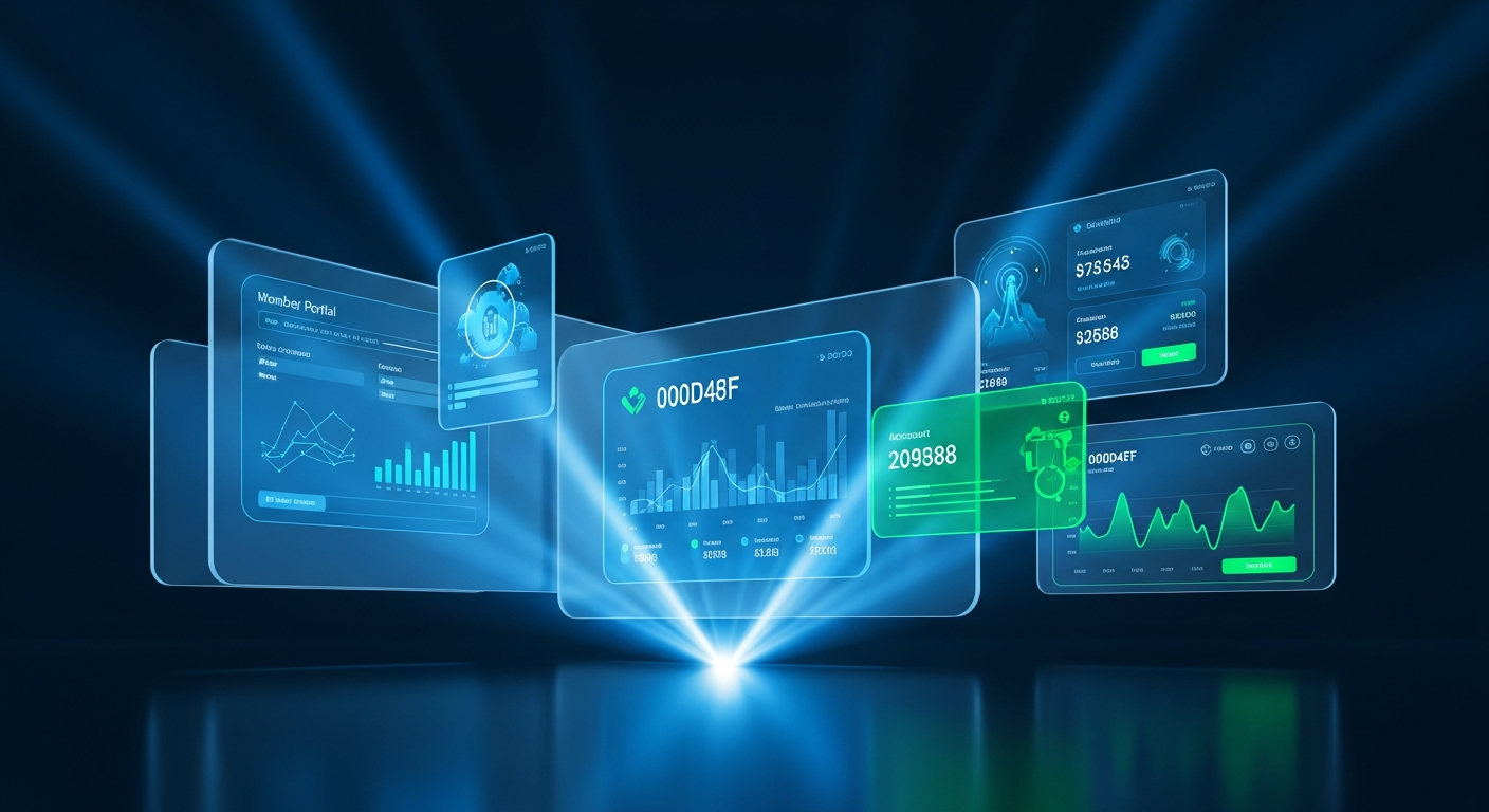 Modern credit union member portal dashboard interface with sleek financial data visualization elements on a professional dark background