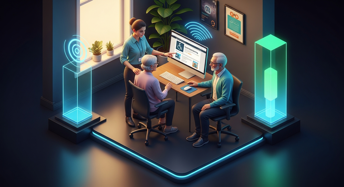 Credit union staff demonstrating accessible digital banking on a computer to a member with reading glasses in a bright modern office
