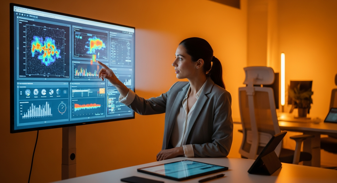 UX researcher analyzing visual clarity metrics with eye tracking heat maps on a large display in a modern <a href=