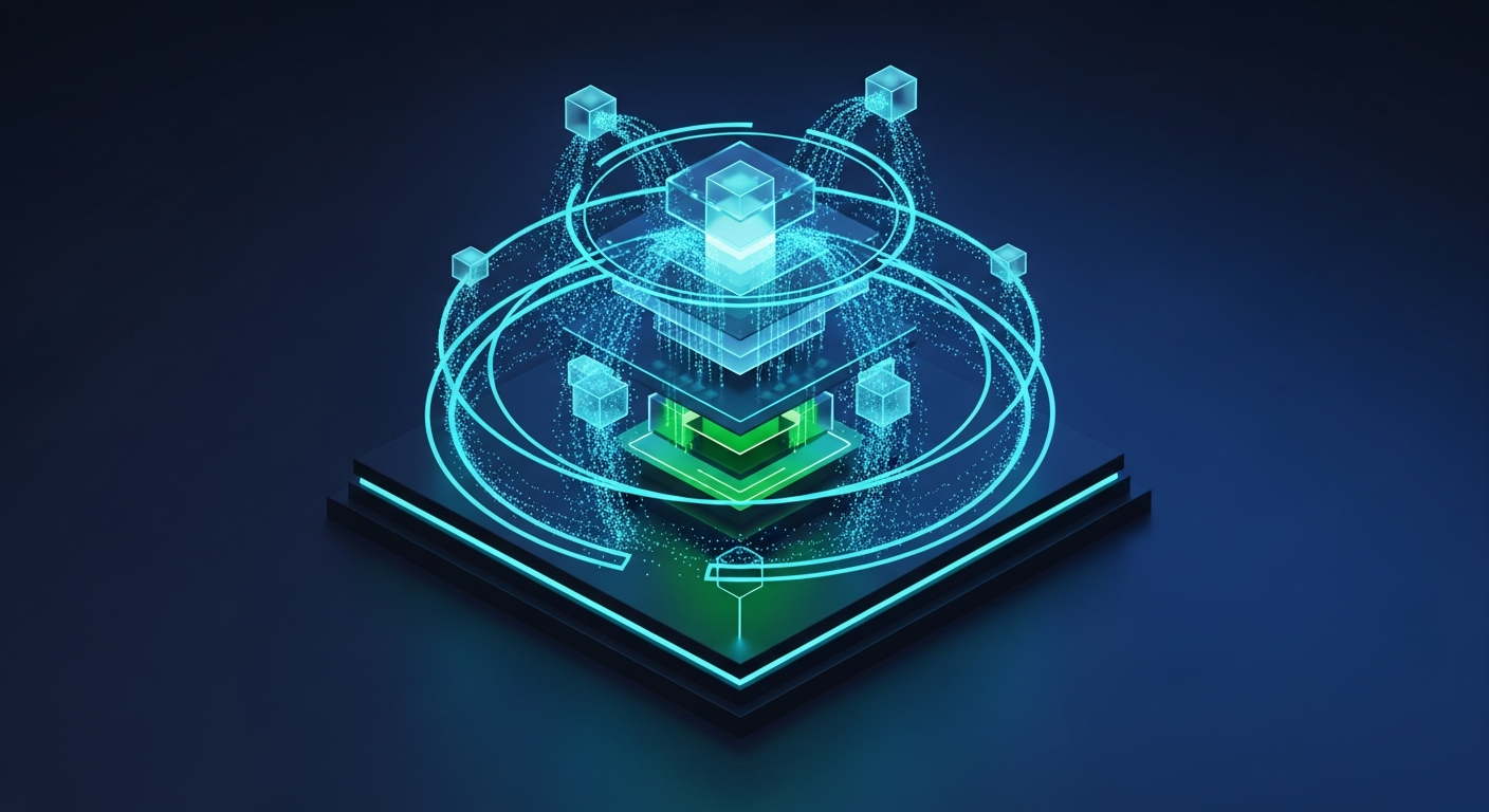 Neon-lit glassmorphism data architecture visualization showing glowing blue and green data streams connecting translucent nodes representing member onboarding data flow pathways