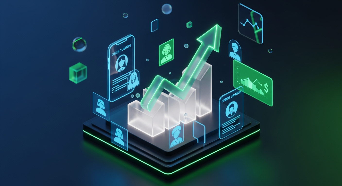 Futuristic 3D abstract digital art with glowing upward-trending arrow graph made of frosted glass surrounded by holographic credit union member avatars and mobile banking UI elements in emerald green and electric blue