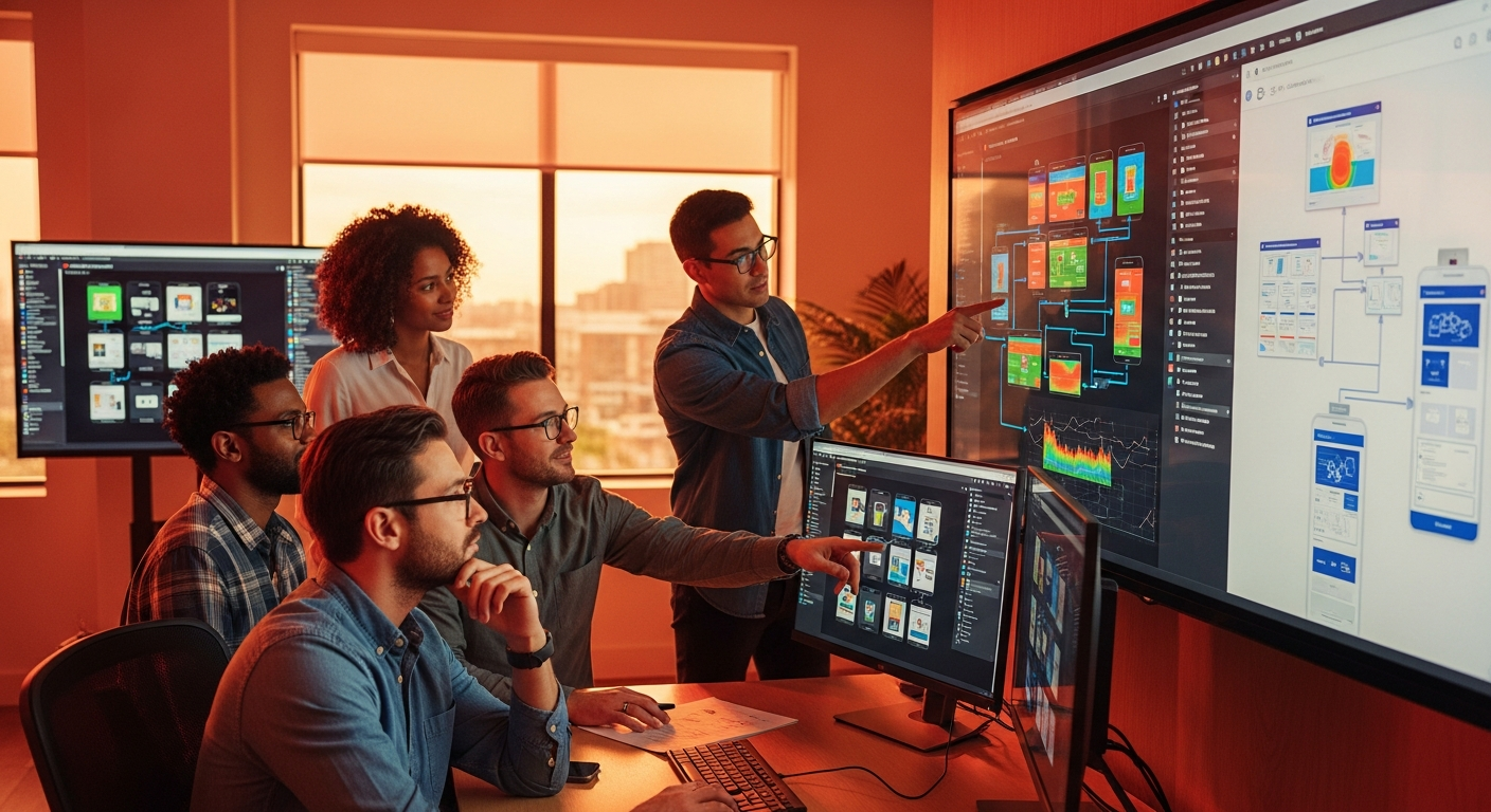 UX researchers and information architects in bright tech studio with large display screens collaborating on navigation taxonomy