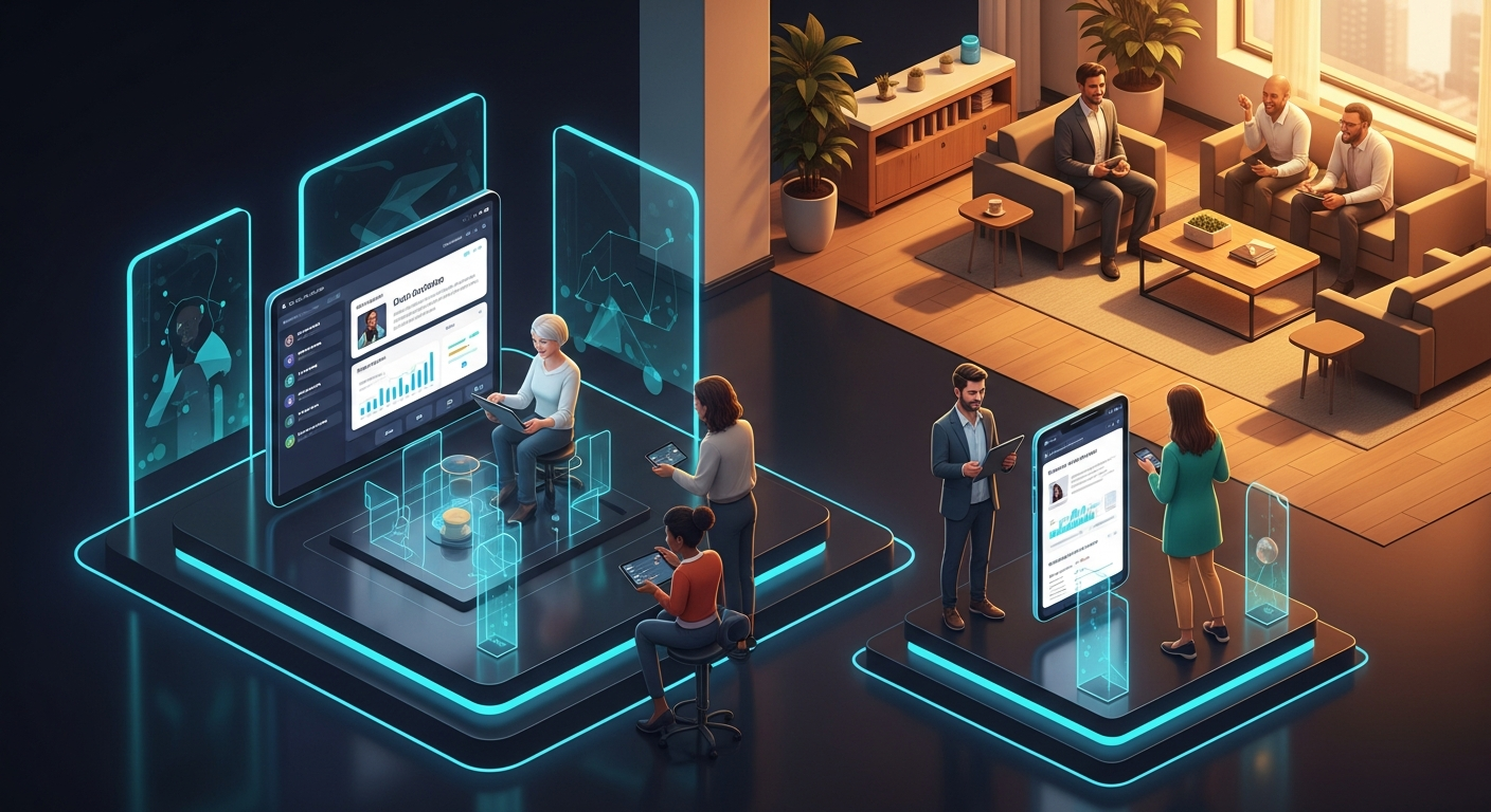 Diverse credit union members engaging with personalized digital banking dashboard on tablets and smartphones in a modern branch lounge with warm natural light