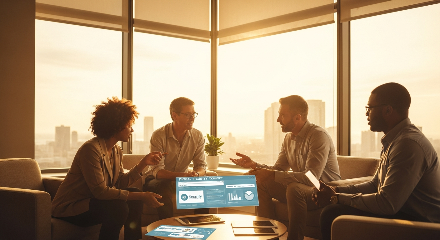 Credit union CEO and digital team leader discussing website security and member data protection in a bright sunlit office