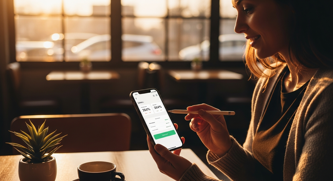 Credit union member using a smartphone to check loan rates, demonstrating mobile-first digital banking