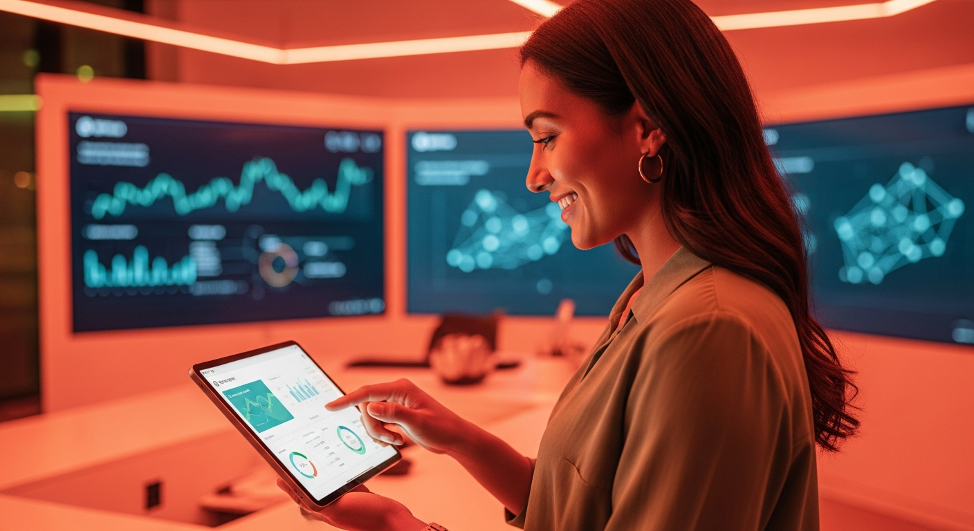 Team of credit union technology professionals collaborating around an interactive display showing personalized member data visualizations
