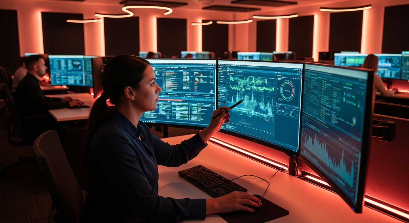 Credit union fraud analyst reviewing real-time payment transaction data on analytics dashboards