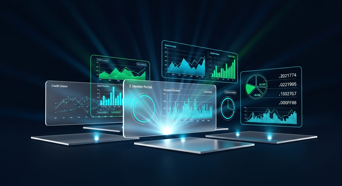 Mobile-first credit union banking interface with clean data panels and financial analytics on a modern professional background