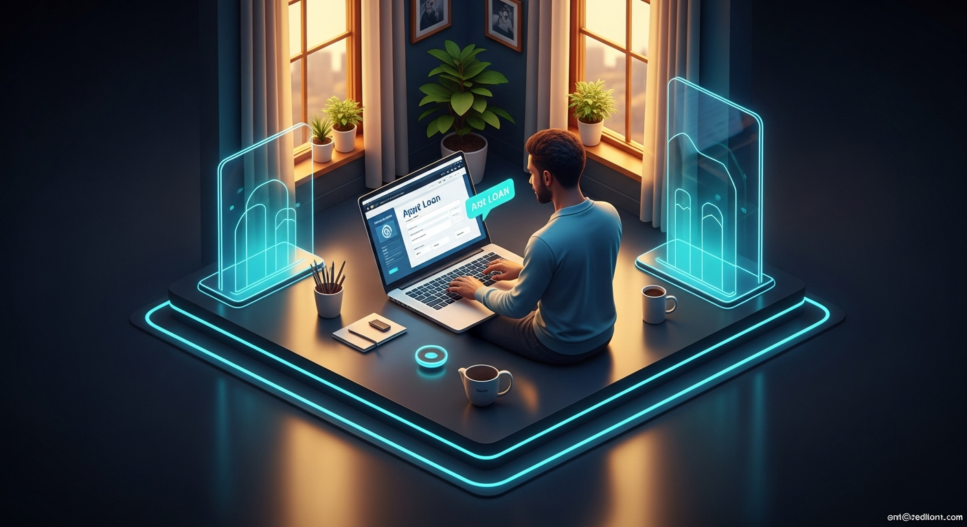 Credit union member using laptop to complete a loan application on a modern website in a comfortable home office