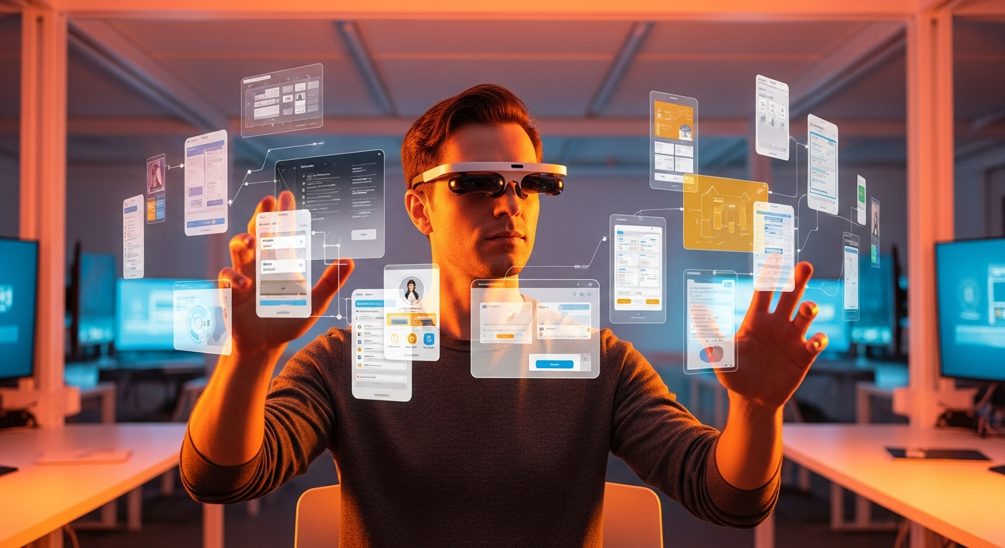 UX designer using gesture-based augmented reality interfaces in a modern innovation lab