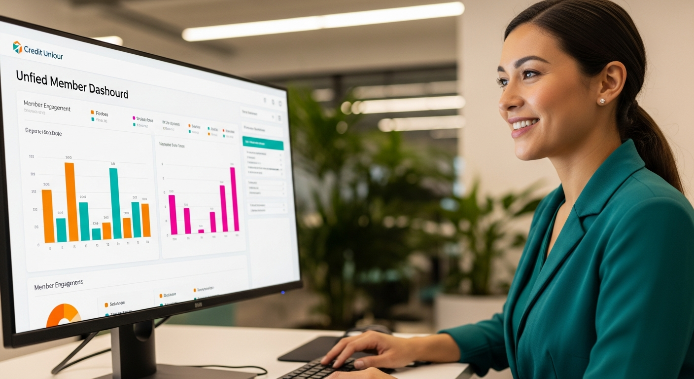 Credit union member service representative using a DXP unified dashboard for complete member profiles
