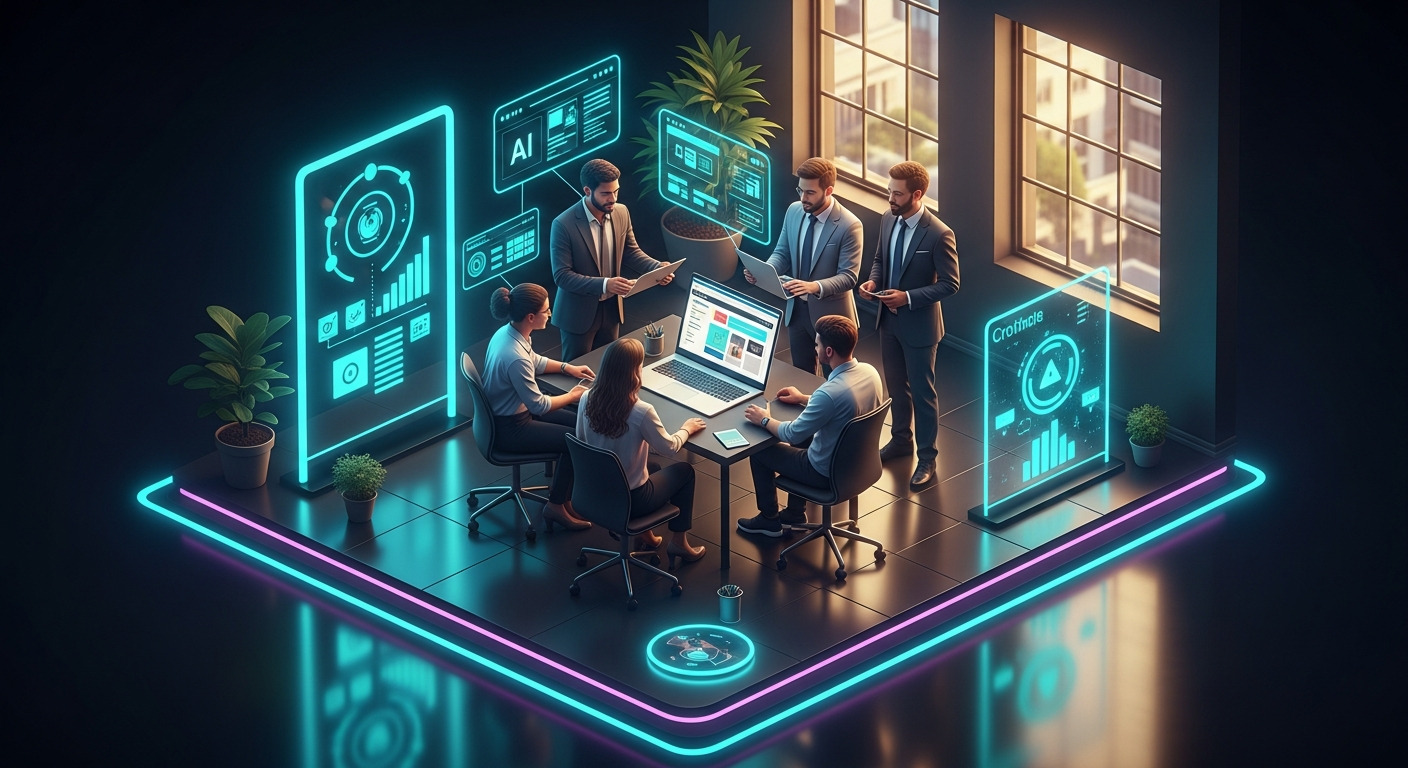 Credit union technology team collaborating around a laptop discussing website design and AI features in a modern office