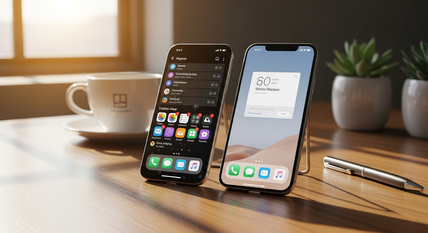 Two mobile app interfaces side by side comparing cluttered versus clean visual design on smartphones in a bright modern workspace