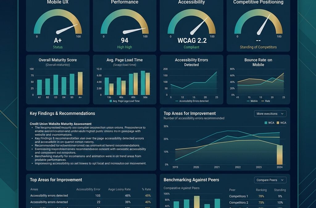 Credit union website digital maturity assessment dashboard with performance scores for mobile UX, accessibility, and competitive positioning