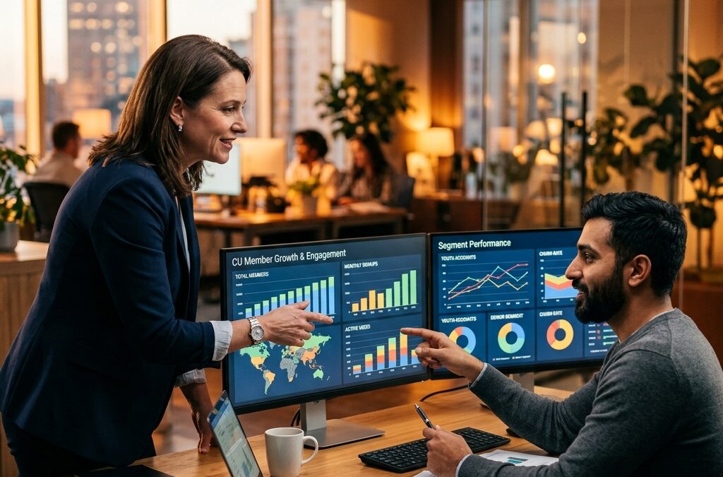 Credit union team reviewing member analytics and data-driven digital strategy dashboards