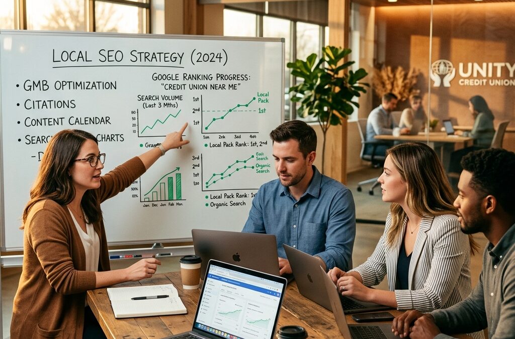 Credit union marketing team reviewing local SEO strategy and search rankings