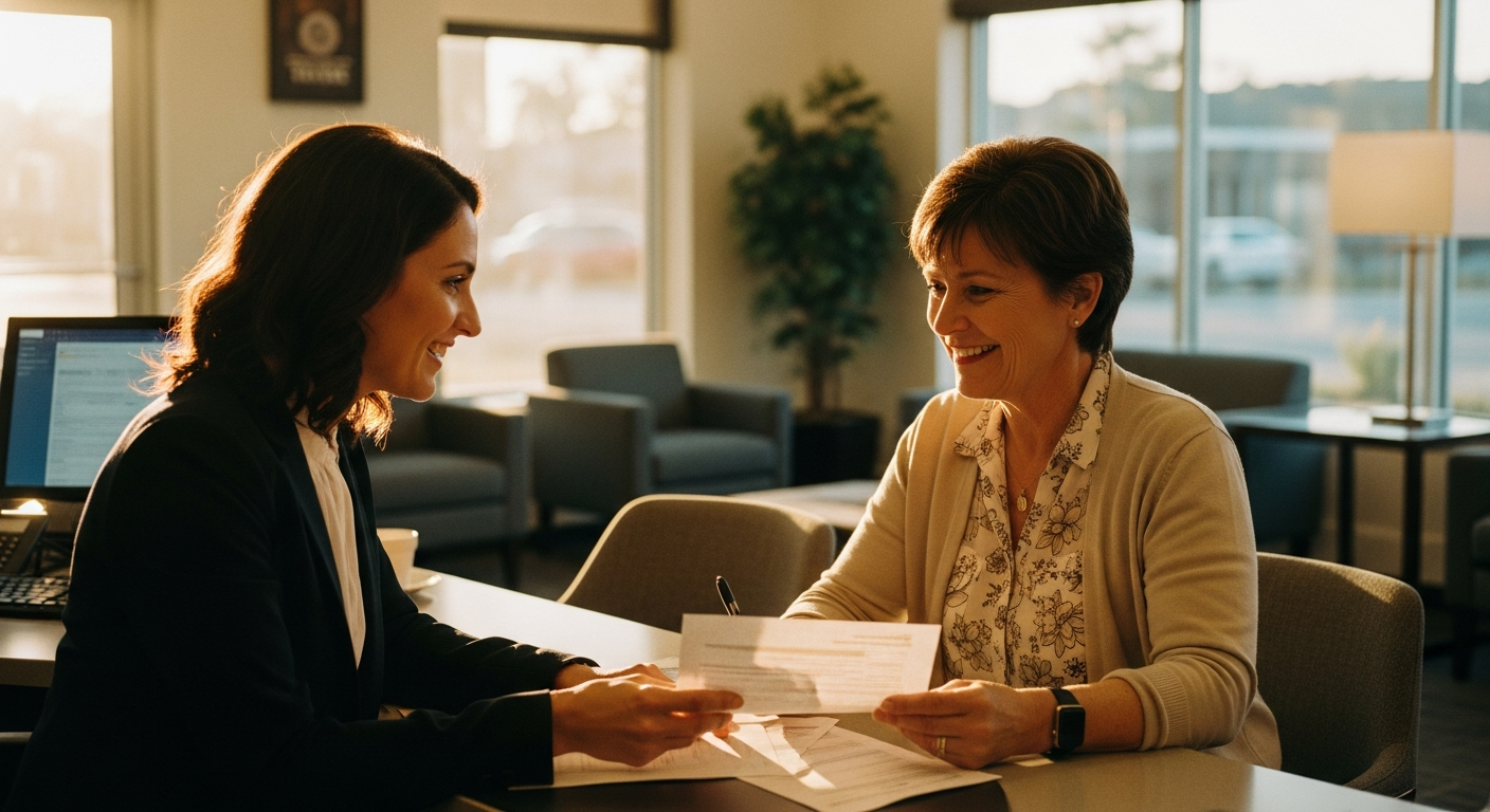 Credit union executive reviewing innovation project results on a tablet with prototypes visible