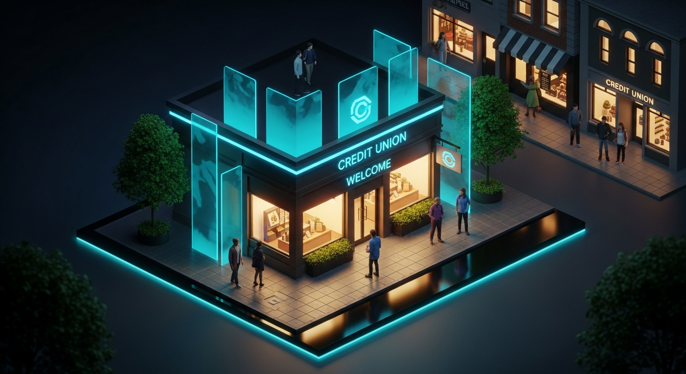 Credit union branch storefront on a main street with welcoming atmosphere