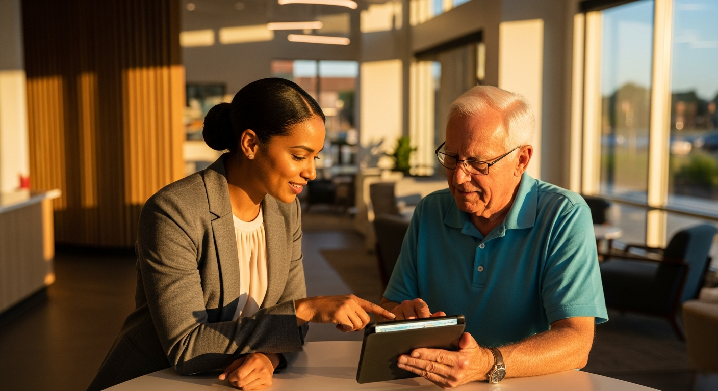 Credit union member services specialist assisting a member with mobile banking navigation on a tablet in a warm modern branch lobby