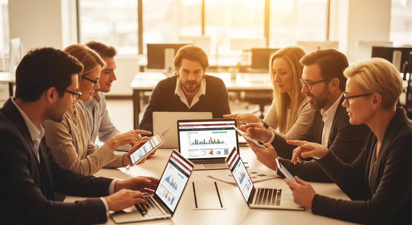 Diverse credit union marketing team reviewing mobile website analytics and member experience data on laptops and tablets around a modern conference table