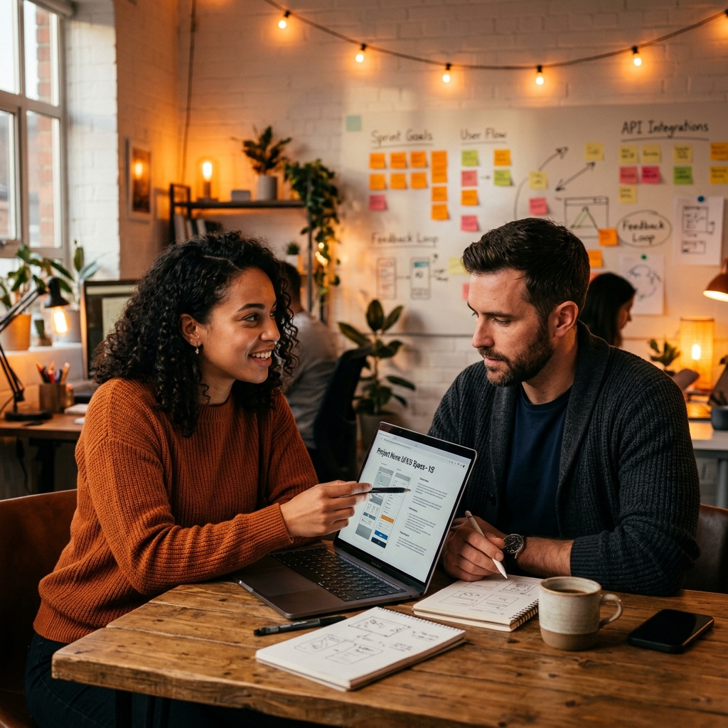 Designer and developer collaborating on design handoff documentation and specification standards