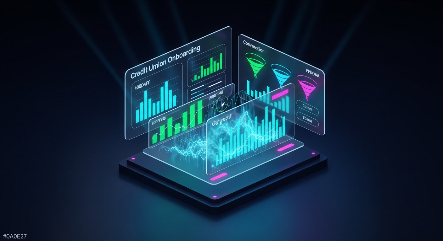 Futuristic 3D abstract digital art of a credit union digital account opening interface with glassmorphism frosted translucent panels and floating holographic UI elements