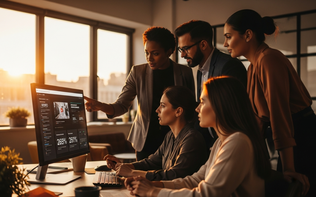 Credit union marketing team reviewing video content analytics and website engagement metrics on a large monitor in a sunlit modern office