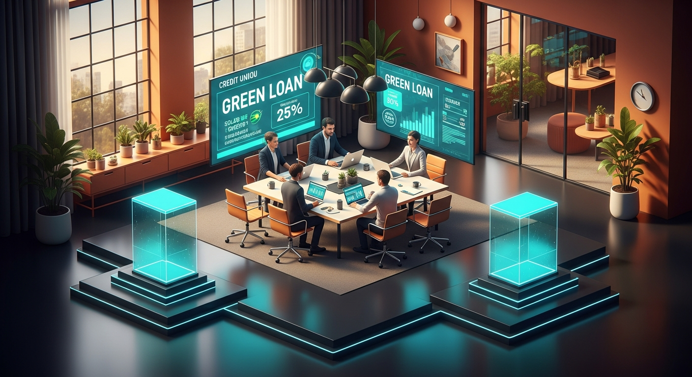 Credit union lending team discussing green loan products and solar energy financing green digital banking