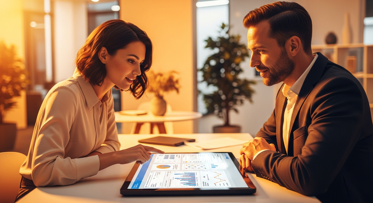 small business owner and credit union loan officer reviewing digital loan documents on a touchscreen