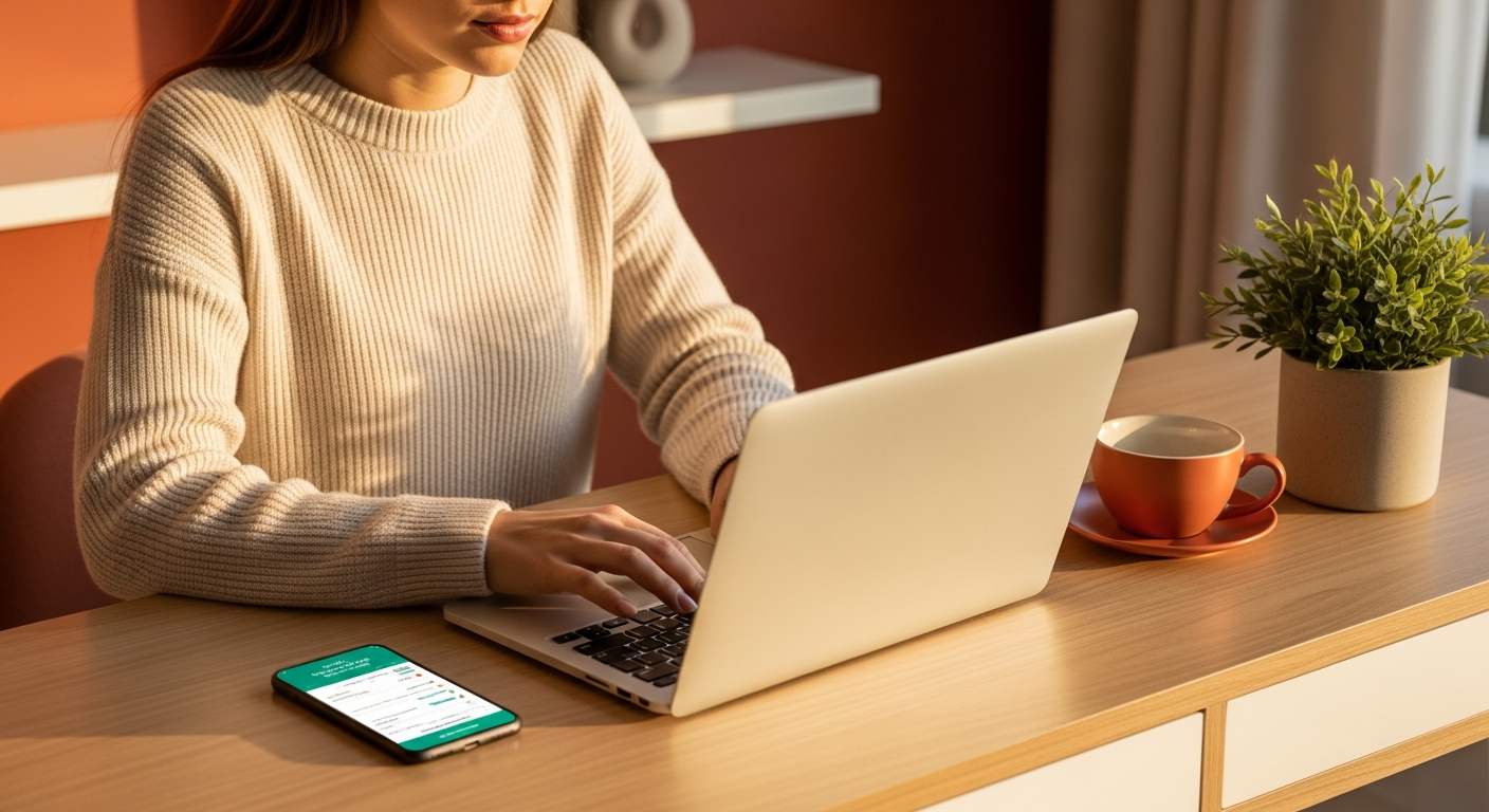 entrepreneur working on laptop and smartphone showing mobile banking app at a modern desk