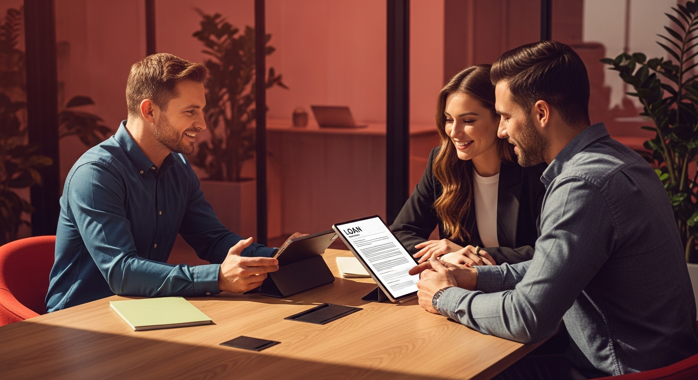 credit union financial advisor helping young couple review digital loan documents on tablet, warm natural light
