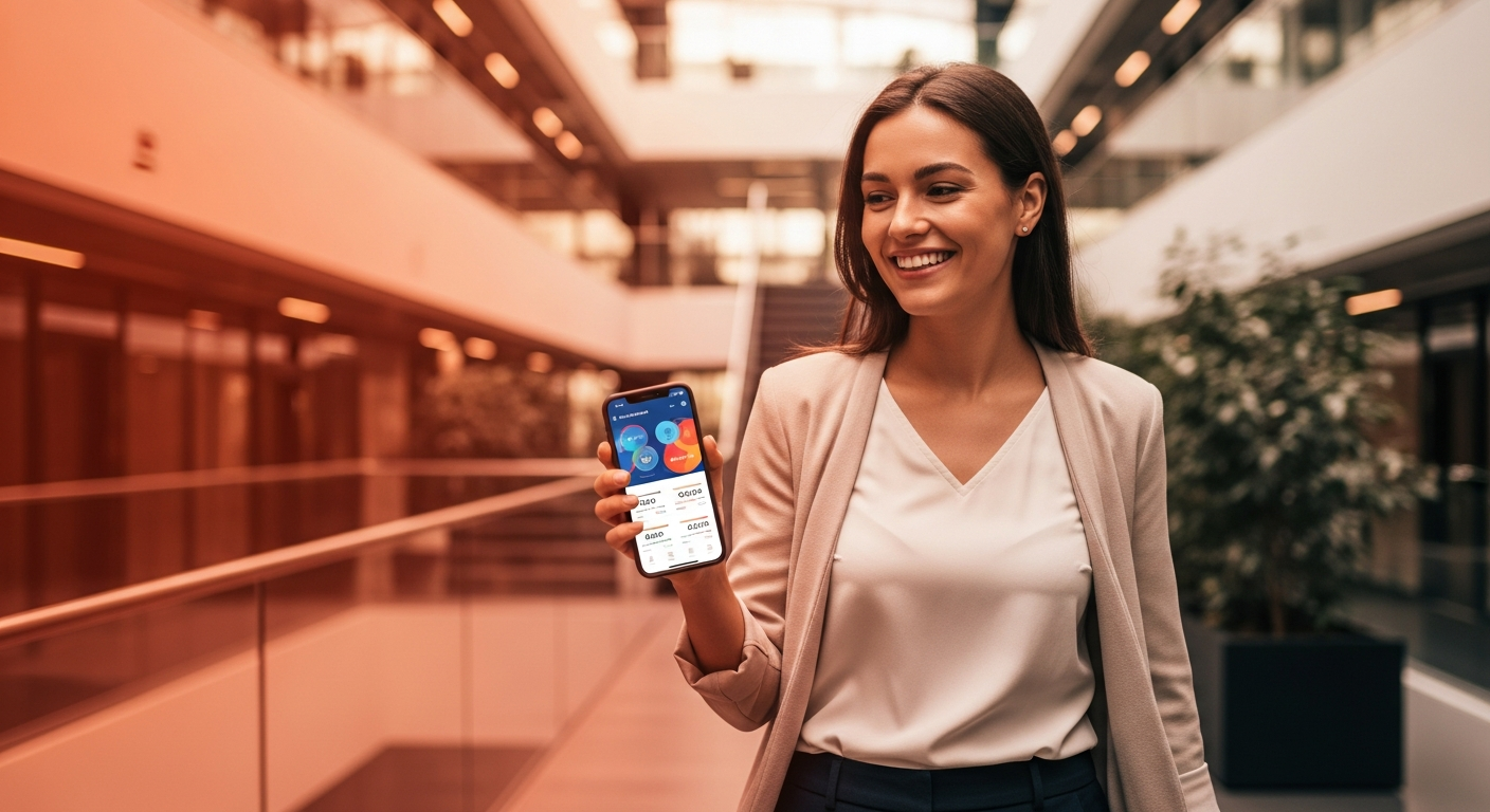 young professional woman checking mobile banking app on smartphone while walking through modern office atrium, warm golden light