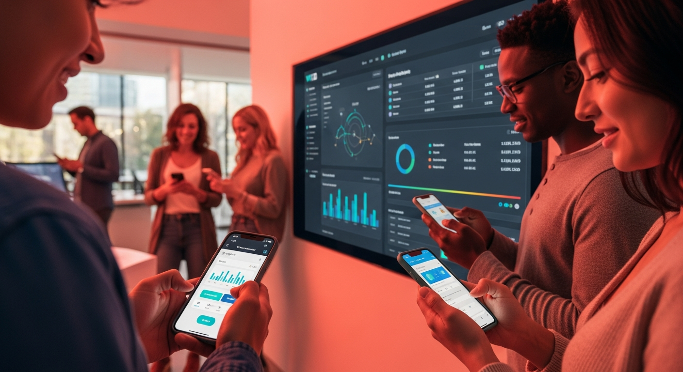 Credit union members collaborating around a mobile banking interface on a large interactive display in a sunlit modern innovation lab