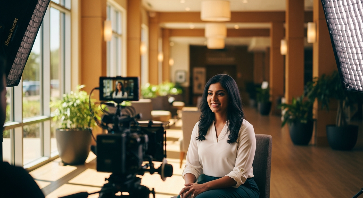 Credit union member being filmed for a testimonial video in a warm, modern branch lobby with professional lighting and camera equipment