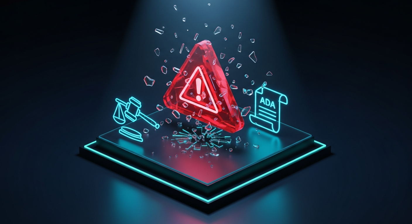ADA Lawsuit Warning - Editorial photorealistic image of a red warning triangle representing credit union legal risk and accessibility compliance exposure