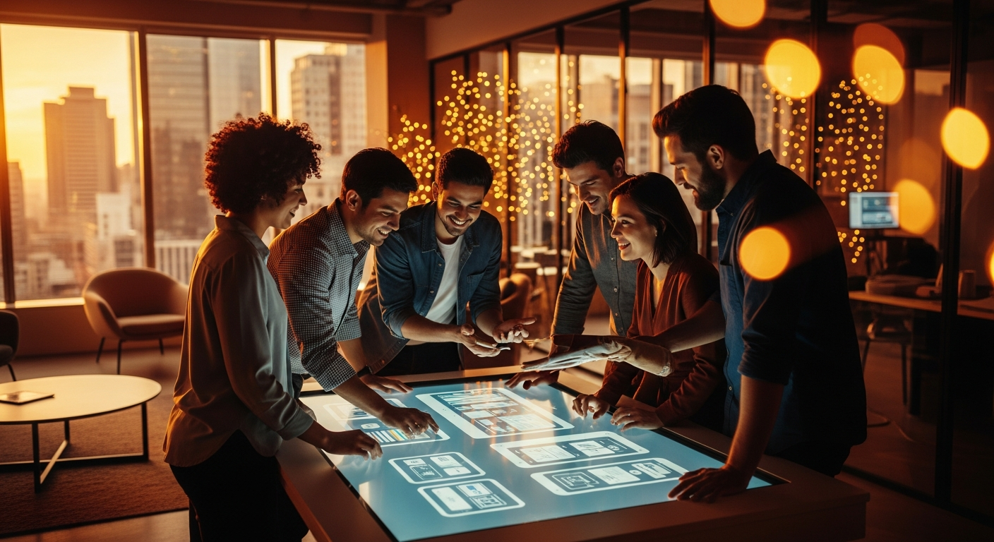 A diverse team of UX designers collaborating around a glowing interactive touchscreen table displaying wireframes and interface prototypes in a modern design studio at golden hour