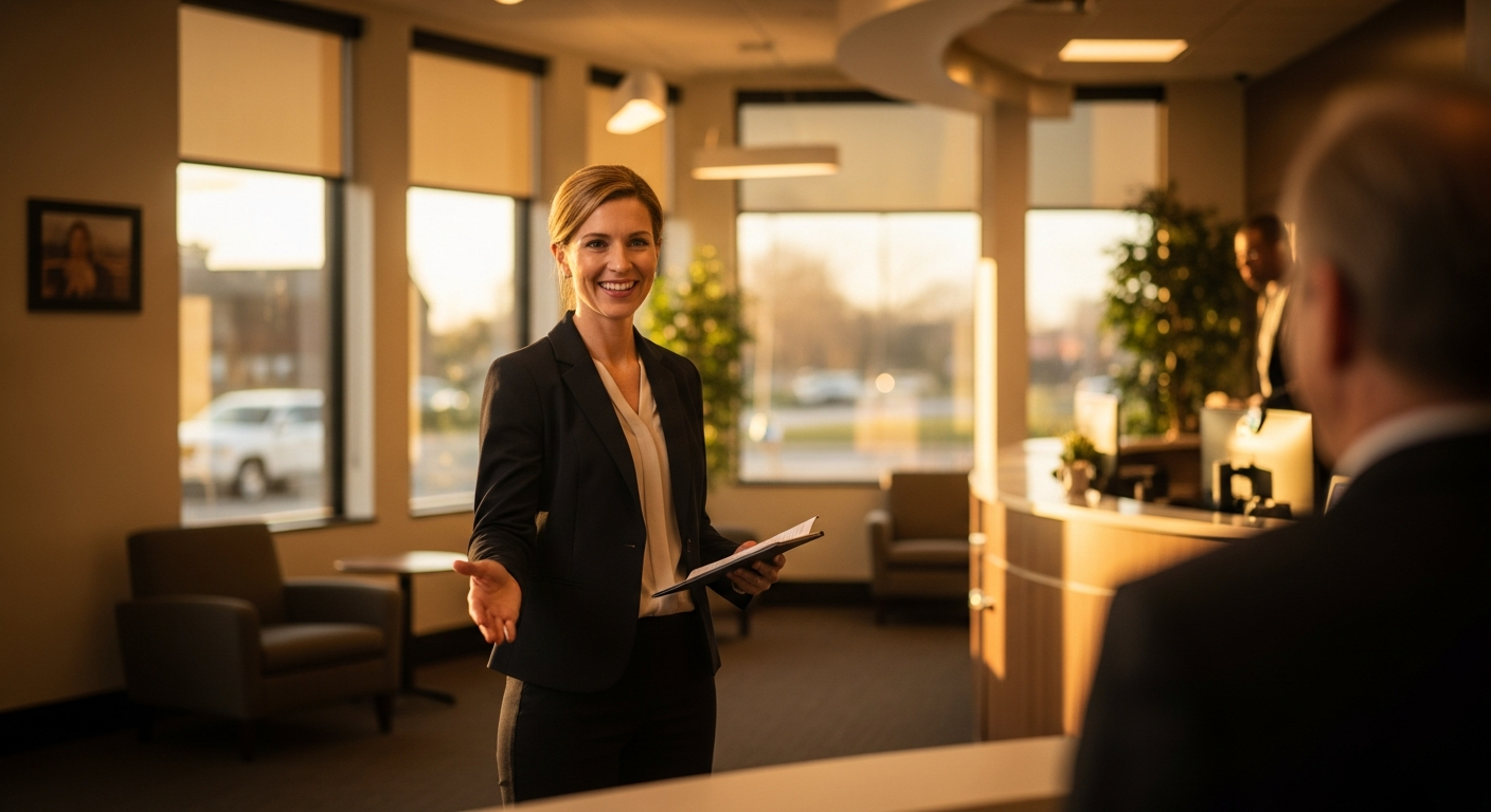 credit union AI personalization video banking - Credit union branch manager warmly welcoming members in a modern professional lobby with warm amber natural light streaming through large windows
