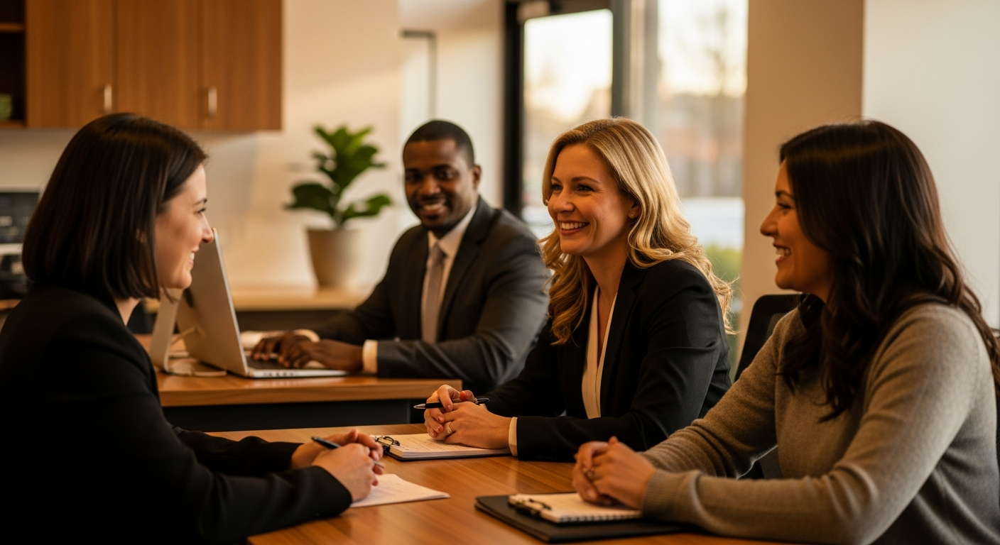 credit union website - Credit union professionals collaborating on a video banking implementation strategy in a modern office with warm natural lighting