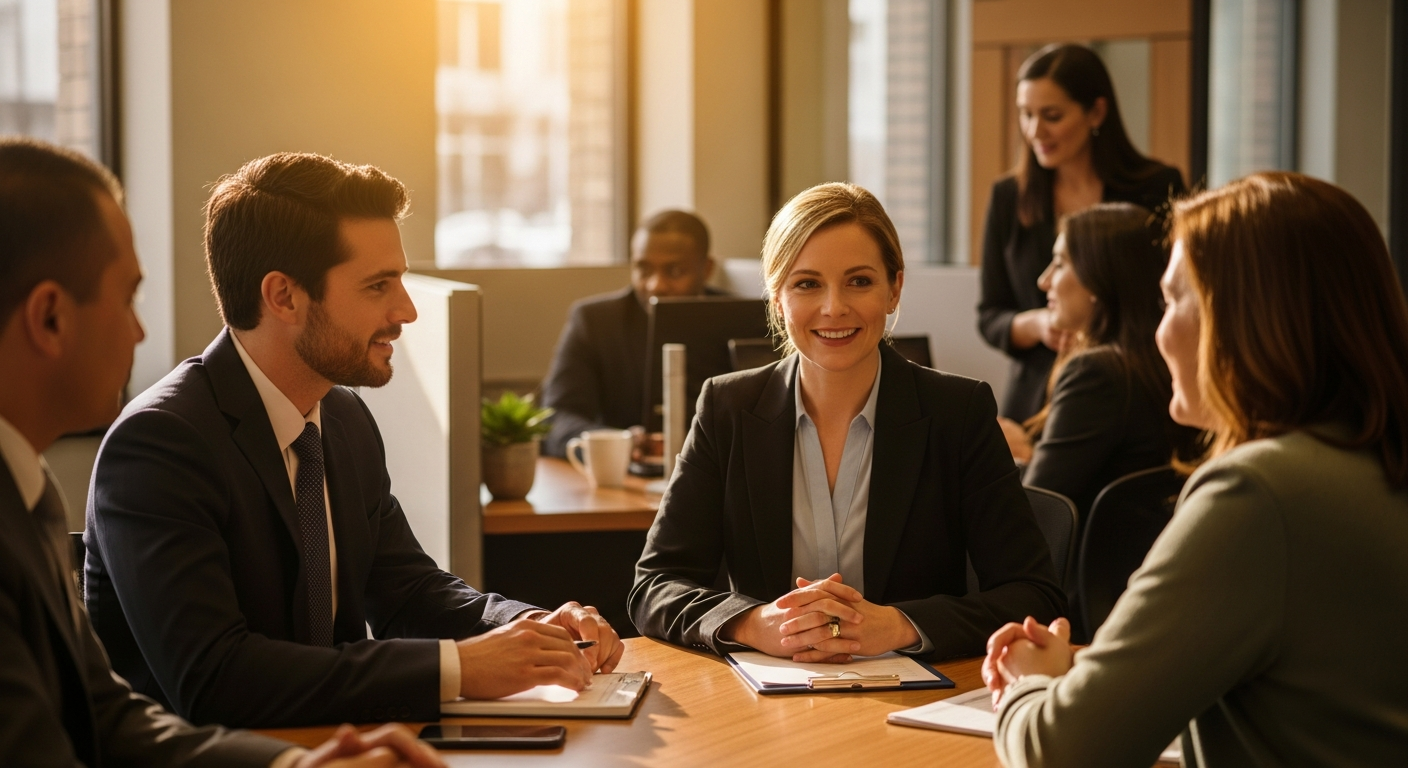 credit union website - Credit union team members engaged in a professional video discussion at a modern branch office with warm natural lighting