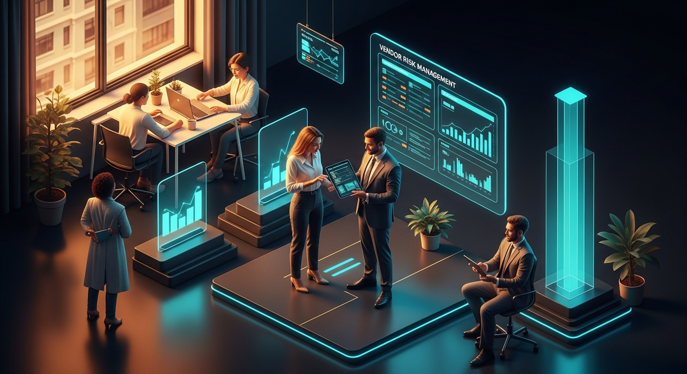Credit union CEO and digital marketing director reviewing a vendor risk management dashboard on a tablet in a modern office with warm natural light