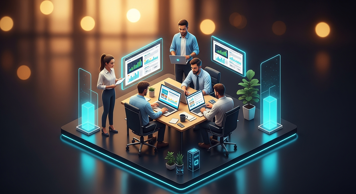 Credit union marketing team and IT director reviewing website hosting performance metrics on a laptop in a modern office