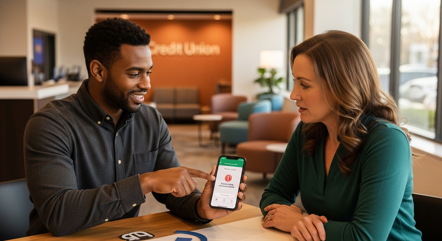 Credit union staff member helping a member access their account on a smartphone during a digital service disruption, warm amber-toned editorial photography