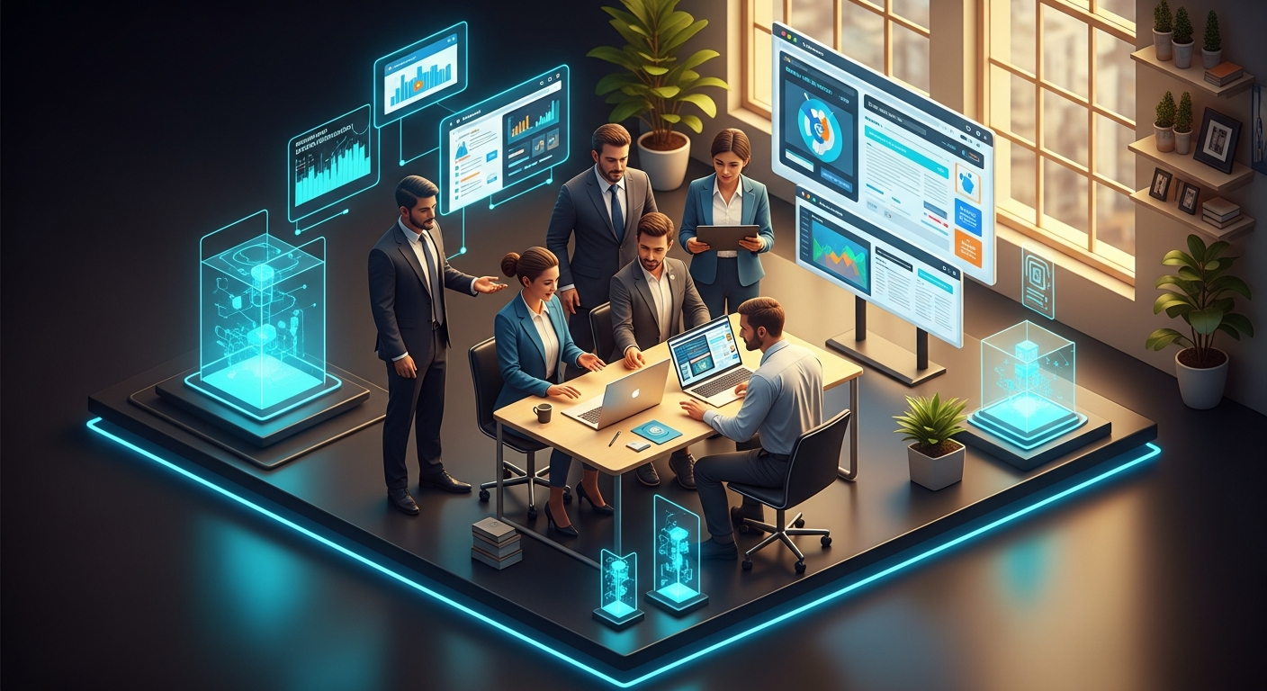 Credit union web design team and compliance officer collaborating on a laptop, reviewing third-party API integration security protocols in a modern sunlit office