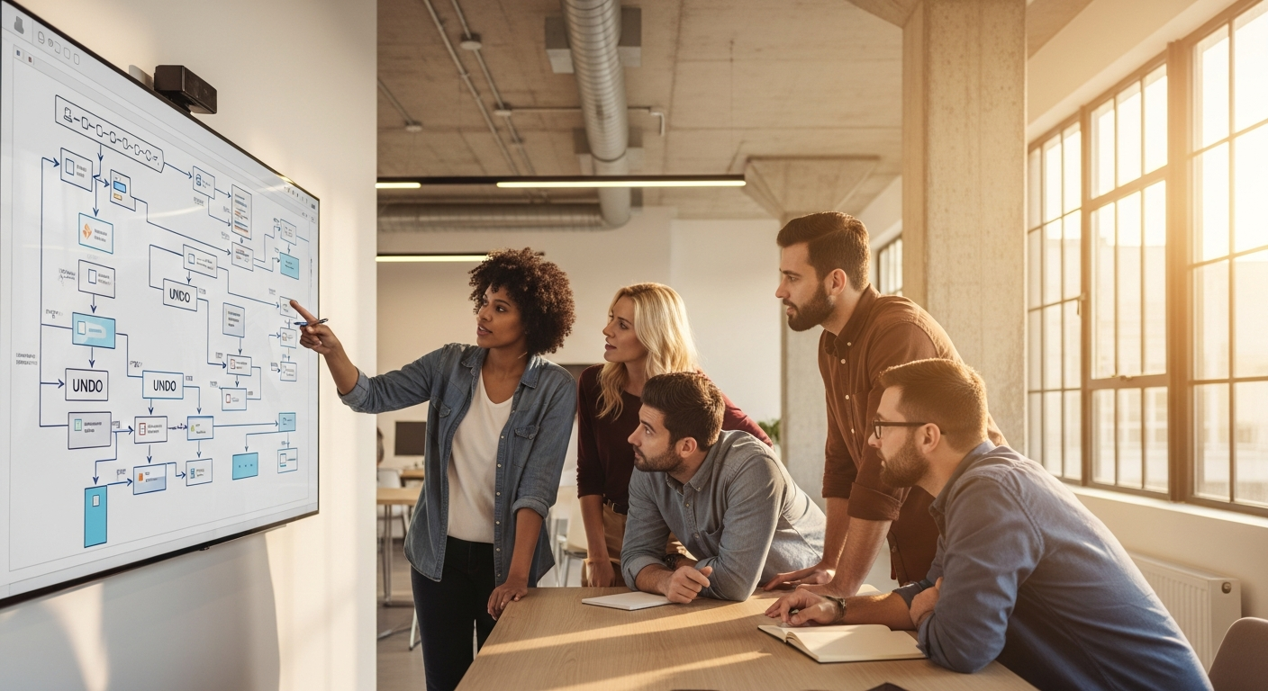 Design team reviewing user flow diagrams showing undo arrows and confirmation patterns on a large monitor in a sunlit modern office