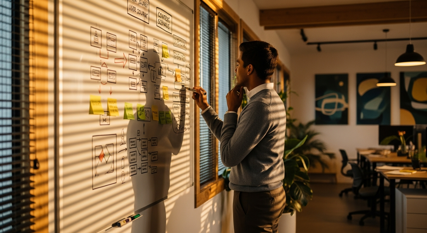 Designer reviewing user journey maps and context scenarios on a whiteboard in a modern creative office