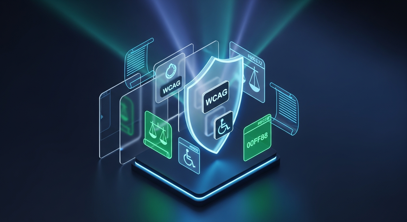 ADA Compliance Shield - Photorealistic digital rendering of a credit union website with accessibility compliance indicators and WCAG certification badges