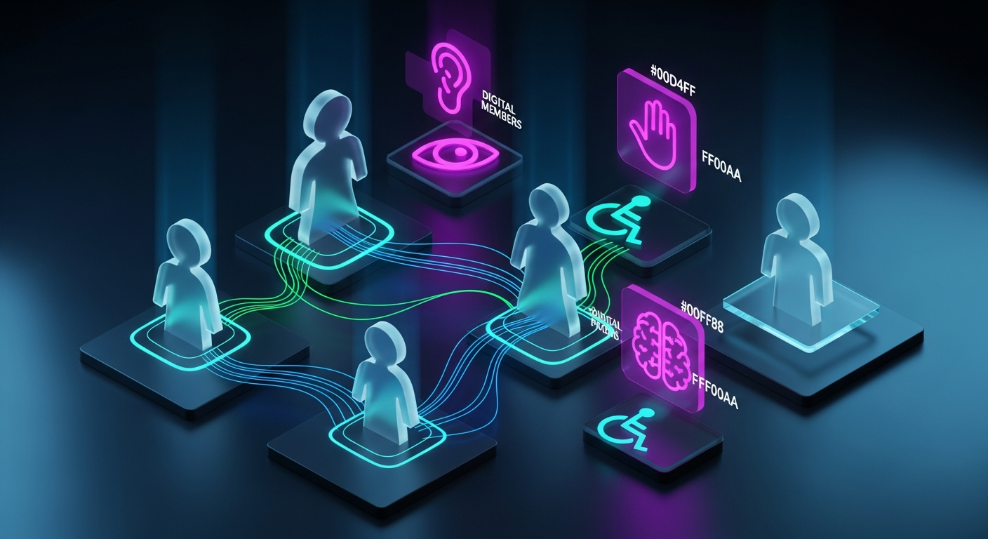 Inclusive Digital Banking - Editorial photorealistic image of diverse credit union members connected through inclusive digital banking services