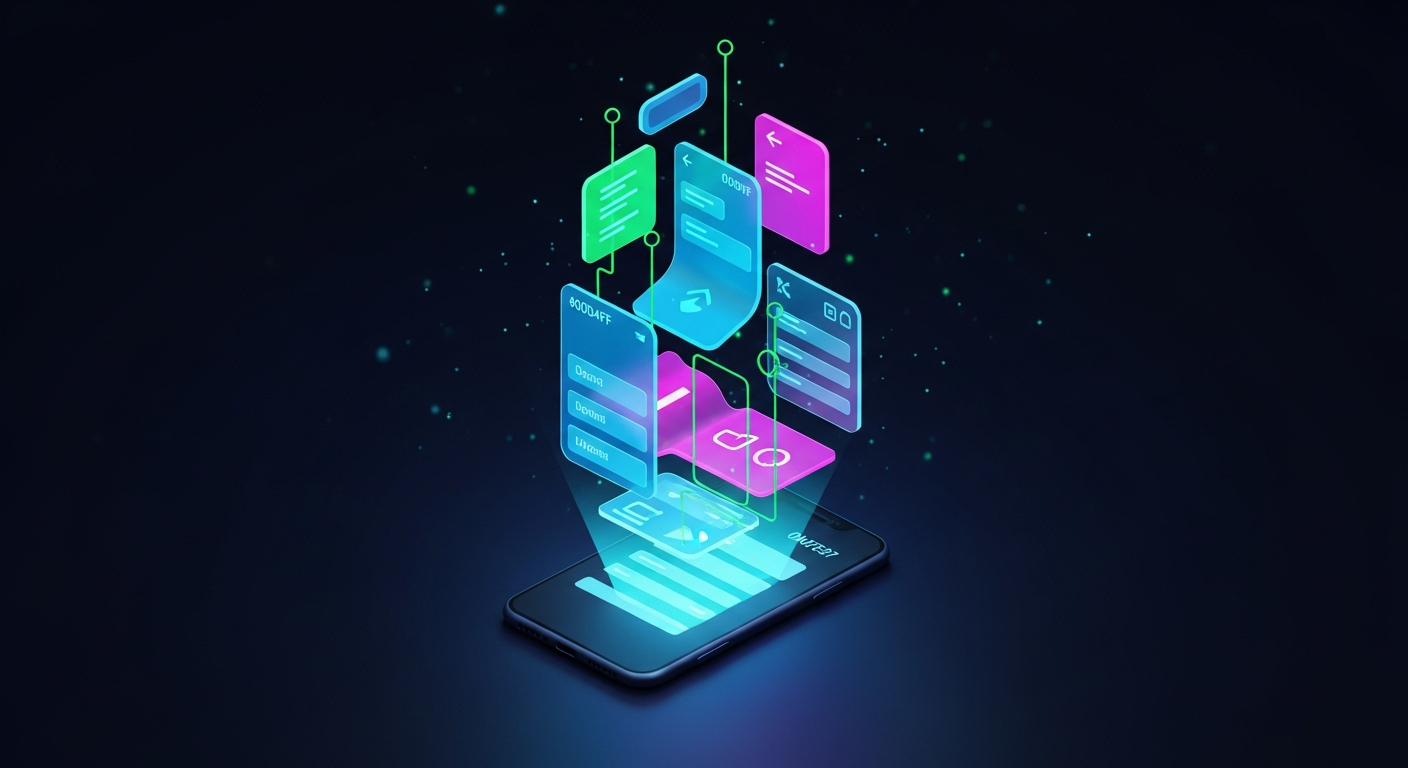 Digital abstract visualization showing mobile phone projecting cascading design system components in blue and green
