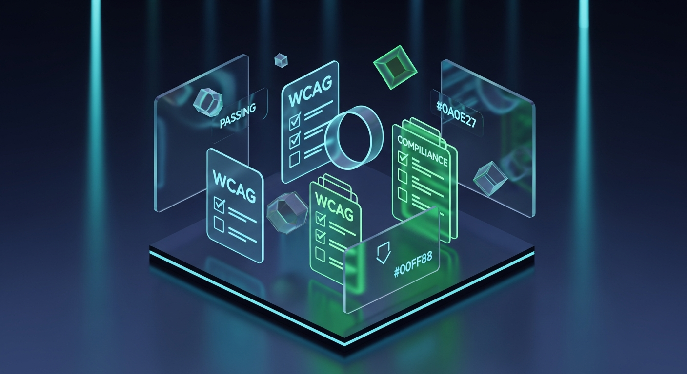 ADA Compliance Audit Dashboard - Photorealistic digital rendering of a credit union website accessibility audit showing WCAG compliance scorecards and evaluation metrics